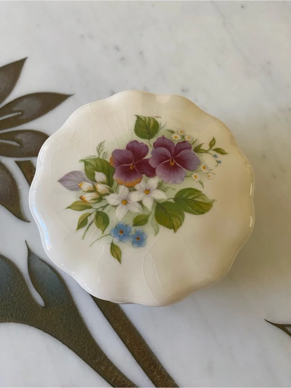 Vintage Floral Porcelain Jewelry/Trinket Box in Ivory with Hand-Painted Flowers